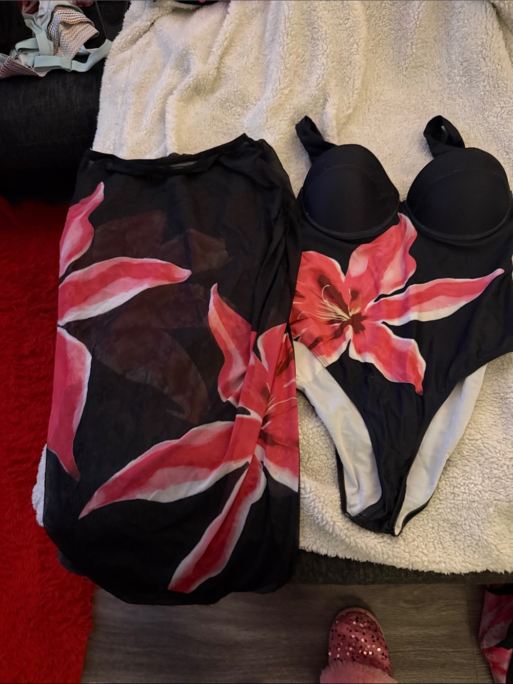 SHEIN Black One-Piece Swimsuit with Pink Floral Print with built in bra